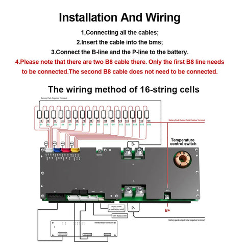 Installation diagram for Slick Heavy Duty 100A LiFePO4 Battery Management System for 8S To 16S Packs showing wiring connections.