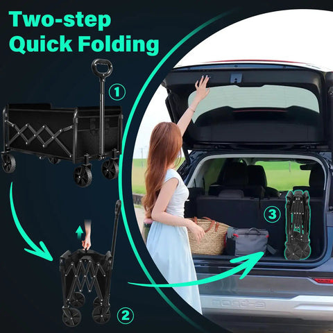 Collapsible Wagon Cart With Wheels, Ultra Portable Foldable All Terrain Utility Wagon in car trunk, two-step folding process