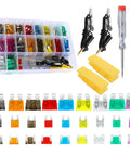 306 Piece Car Fuses Assortment Kit With Fuse Pullers And Circuit Testers For RV Truck Auto Includes Standard Mini And Low Profile Mini Fuses 2A 5A 7.5A 10A 15A 20A 25A 30A 35A displayed with organized compartments and tools.