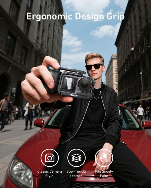 Man holding Metal Street Grip Kit For DJI Action 5 Pro 4 3 with cage, quick release handle grip, DSLR-like stability in city street.
