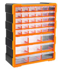 Wall Mount Cabinet Organizer With 39 Drawers And Removable Dividers, Doubles Capacity To 78 Compartments For Hardware, Craft Supplies, And Small Parts, DIY Friendly, Black And Orange Plastic Garage Storage System, 15 By 6.3 By 18.6 Inches.