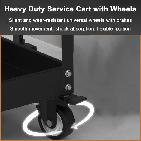 Built Tough Heavy Duty Steel Push Cart With Three Tier Shelves Lockable Drawer And Pegboard Organizer For Garage Shop Setup Smooth Gliding Casters On Hard Surfaces