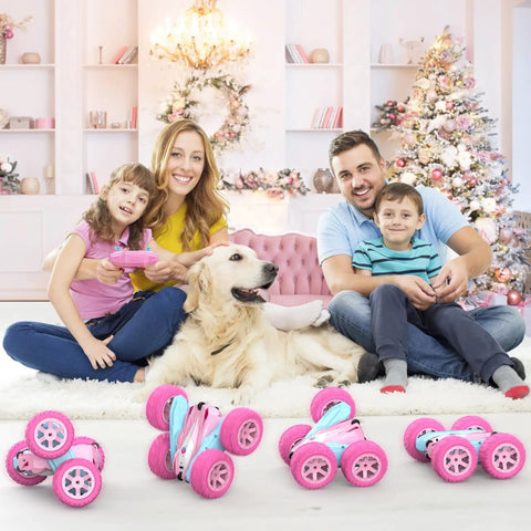 Family with dog and Pink Remote Control Car For Girls, Rechargeable 2.4Ghz RC Truck With Double Sided 360 Degree Rotating Stunts.