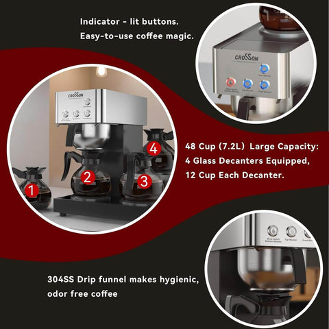 12 Cup Commercial Coffee Brewer With 4 Warmers And 4 Glass Decanters, Pour Over Drip Coffee Maker In Stainless Steel Housing