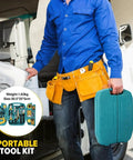 Man holding green DIY Tool Kit Set With Storage Case For Home Garage And Office Grab And Go Hand Tools