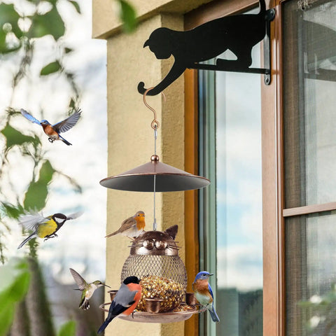 Squirrel Proof Metal Cat Shaped Bird Feeder For Outdoor Garden Yard Hanging Decor shown with birds in garden