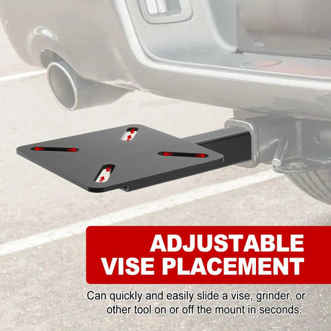 Heavy Duty Workbench Mount Vise Holder And Bench Grinder Stand Adapts To Standard Two Inch Hitch Receiver with adjustable vise placement.