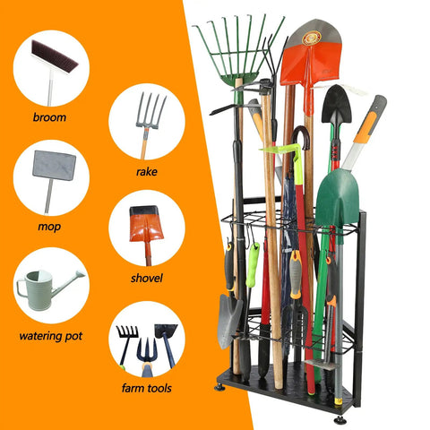Heavy Duty Corner Garden Tool Rack Organizer For Garage And Shed Free Standing Yard Tool Holder With 31 Holes holding tools
