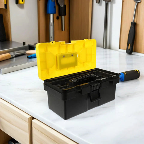 Badass Stackable Plastic Toolbox With Slick Removable Tray And Padlock Buckles To Lock It Down on white countertop