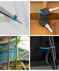 Assorted uses of zip ties securing tools, keys, plant stems, and cables, illustrating versatility for indoor and outdoor fastening.