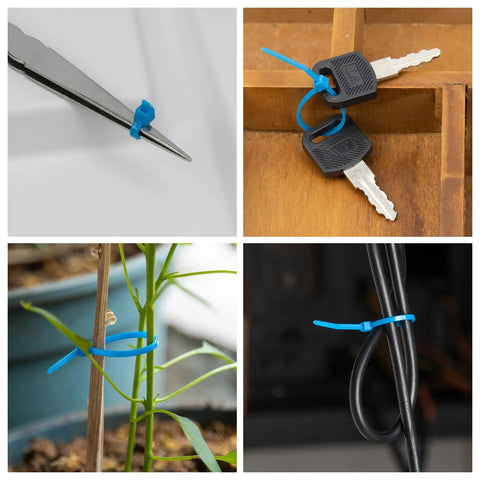 Assorted uses of zip ties securing tools, keys, plant stems, and cables, illustrating versatility for indoor and outdoor fastening.