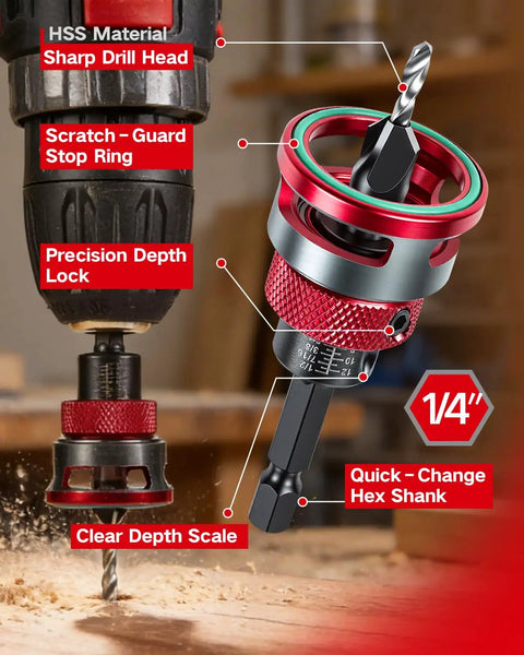 7 Piece Countersink Drill Bit Set With Four Flute HSS M2 Tapered Bits, Adjustable Depth Stop Collar And Wrench in use