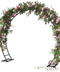 Metal Arch Backdrop Stand 8 Ft Wide 7 Ft High For Weddings adorned with pink roses on a sturdy black base