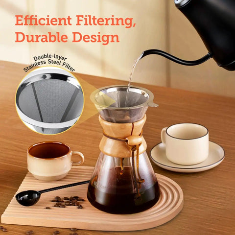 Pour Over Coffee Maker With Double Layer Stainless Steel Filter For Rich, Smooth Flavor, 8 Cup 34oz Drip Brewer on table