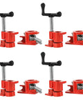 Rock Solid Four Pack Half Inch Pipe Clamps For Wood Glue Ups Made From Heavy Duty Cast Iron, featuring red cast iron design with leverage screws.