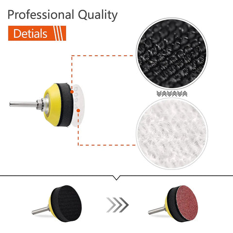 2 Inch Hook And Loop Sanding Pad Kit With One Quarter Inch Shank Drill Attachment And Soft Foam Buffering Layer detailing