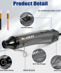 Close-up of Compact 300W Heat Gun Kit with 662F output, stainless steel outlet, and 6.56Ft cable for crafts and DIY projects.