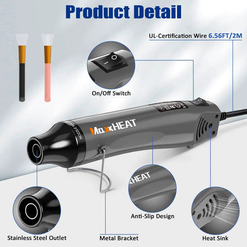 Close-up of Compact 300W Heat Gun Kit with 662F output, stainless steel outlet, and 6.56Ft cable for crafts and DIY projects.