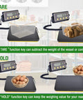 Heavy Duty 400 Pound Digital Receiving Scale With Anti Slip Aluminum Platform For Restaurant And Catering High Accuracy Kitchen Food Scale With Hold Tare Auto Off Dual Unit Kg Lb And Large LCD Display in use with baskets of potatoes and eggs