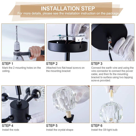 Installation steps for Sputnik Style Black Crystal Chandelier For Dining Room Over Table 9 Light Modern Pendant Lighting Fixture