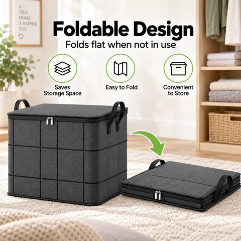 Heavy Duty Foldable Storage Bins With Tight Lids Super Spacious For Winter Throws And Pillows, shown in grey, folds flat for easy storage.