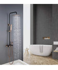 Top Shelf Wall Mounted Rain Shower Combo Set With Smooth Handheld Sprayer And Bathtub Faucet Featuring Sleek Rose Gold And Matte Black Finish in modern bathroom setting.