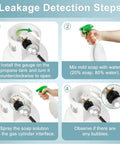 Leakage detection steps for propane regulator and hose 2 ft with three eighths inch female flare, showing a soap test on propane tank.