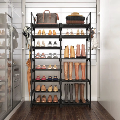 8 Tier Metal Shoe Rack Organizer For Closet, Entryway Or Garage - Tall 57 Inch, Holds 26-32 Pairs with boots and heels displayed