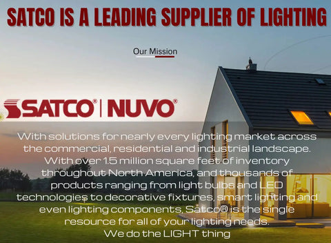 SATCO is a leading supplier of lighting with a mission statement and SATCO | NUVO logo next to a house with illuminated windows at dusk.