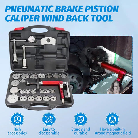 Pro Grade Pneumatic Brake Caliper Tool Set With 28-Piece Heavy Duty Disc Brake Piston Compressor And Wind Back Kit, 23 Adapters For Easy Brake Pad Replacement, Left And Right Thrust Bolts in open case with attachments