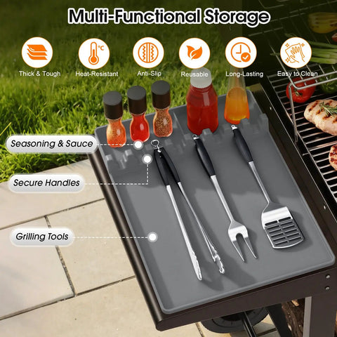 Silicone Grill Mats For Griddle Spatula Tool Mat With Drip Pad Side Shelf Pad Easy Clean BBQ Mats for organizing utensils.