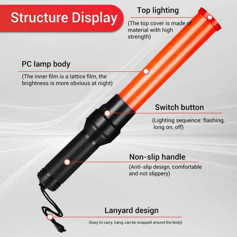 LED Traffic Wand Signal Baton 12 Pack With Dual Flashing Modes, 16 Inch Lighted Baton featuring structure display and components