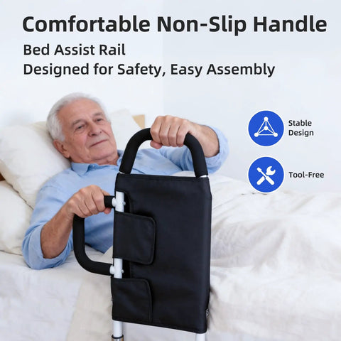 Elderly man using Upgraded Bed Assist Rail For Seniors And Post Surgery Recovery, Adjustable Safety Bed Cane with Non Slip Grip.