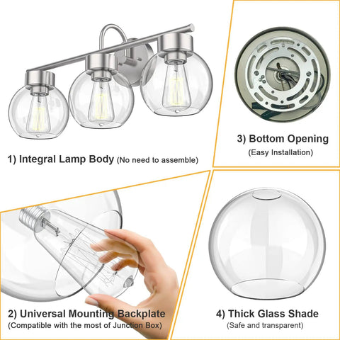 Three Light Bathroom Vanity Light In Brushed Nickel Finish With Clear Glass Shades Wall Sconce For Mirror And Hallway Built Tough With Iron Construction Durable And Humidity Ready Model WLA1435 BNK showing integral lamp body, bottom opening, universal mounting backplate, and thick glass shade.