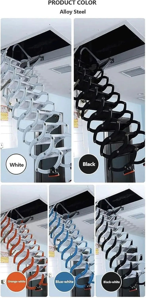 Top Shelf Electric Attic Ladder With Slick Pull Down Action And Heavy Duty Titanium Magnesium Alloy Frame featuring various color options including black, white, orange-white, and blue-white.
