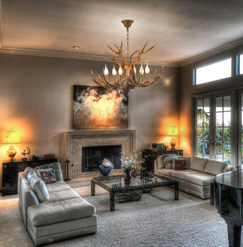 Living room with Six Light Rustic Antler Chandelier With Resin Deer Horns Brown Finish E12 Base Ideal For Living Room Bedroom And Dining Room Farmhouse Ceiling Light Easy To Install Bulbs Not Included For A Cozy Warm Rustic Vibe