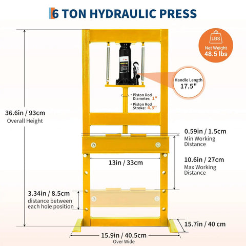 Heavy Duty 6 Ton Hydraulic Shop Press H Frame Floor Press With Adjustable Worktable Carbon Steel Garage Press dimensions and features.