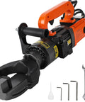 Powerful Handheld Electric Hydraulic Rebar Bender With 1500 Watt Motor, featuring black metal head and orange handle for bending steel rods.