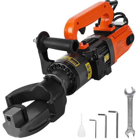 Powerful Handheld Electric Hydraulic Rebar Bender With 1500 Watt Motor, featuring black metal head and orange handle for bending steel rods.