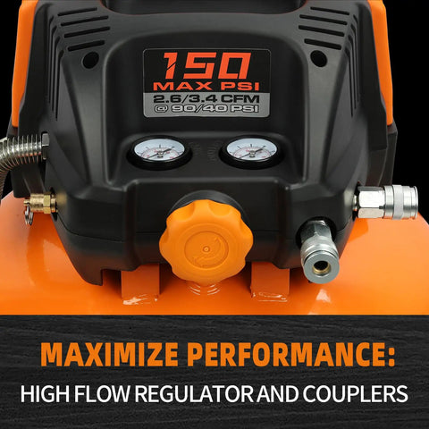 Built Like A Bulldog Six Gallon Pancake Air Compressor With Dual Quick Connect Couplers One Fifty Psi Oil Free Electric Engine close-up of gauges