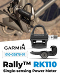 Rally RK110 Single Sensing Power Meter Pedals for Road Bikes shown attached to a bike with Garmin label and cleat detail.
