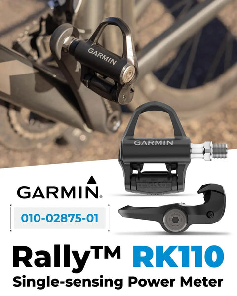 Rally RK110 Single Sensing Power Meter Pedals for Road Bikes shown attached to a bike with Garmin label and cleat detail.
