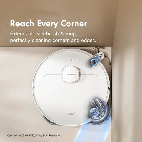 P10 Pro Ultra Robot Vacuum And Mop with 13,000 Pa Suction cleaning a corner with dual spinning mop
