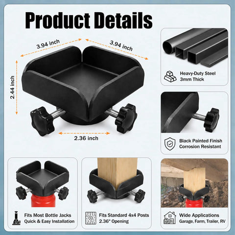 Dimensions and features of Heavy Duty Bottle Jack Adapter with jack plate, pad, and stand adapter for stable lifts on 4x4 wood posts.