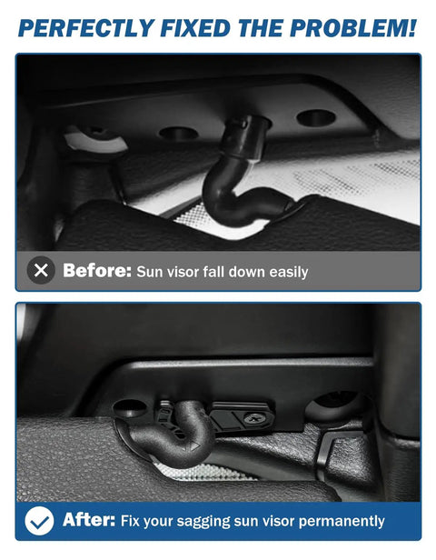 Comparison of sun visor sagging before and after using Upgraded Sun Visor Repair Kit For Jeep Wrangler JK JL and Gladiator 2018 to 2023