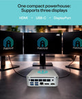 Premium Compact Mini Computer System Featuring Snappy Intel Core Chipset And No Sweat Software Configuration For Flexible Hardware Upgrades And Effortless Daily Workflow Optimization with three connected displays.