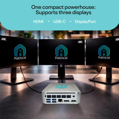 Premium Compact Mini Computer System Featuring Snappy Intel Core Chipset And No Sweat Software Configuration For Flexible Hardware Upgrades And Effortless Daily Workflow Optimization with three connected displays.