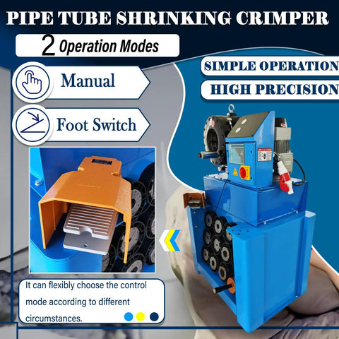 Pro Grade Electric Hydraulic Hose Crimping Machine With 13 Piece Die Set For 0.55 To 2.72 Inch Tubing includes foot switch and manual operation.