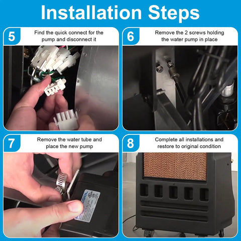 Installation steps for Replacement Water Pump For Cyclone 110 120 And 130 Portable Evaporative Coolers with ABS housings.