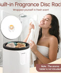 Woman enjoying fresh towel beside Heavy Duty Iron Adjustable Towel Warmer Stand No More Bending Over Elevates Towels Up To 9 Inches